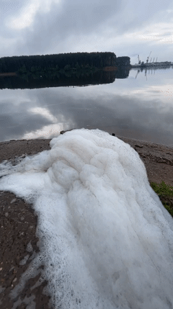 White foam spotted on concrete near water in Chaikovsky