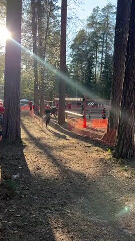 The video shows a person running toward the camera on a dirt path in a wooded area. The runner is wearing a helmet, a harness, and is carrying ropes. They are running through a course marked by orange netting. Other people, also wearing helmets, are visible in the background, appearing to be participating in a similar activity. Tall trees surround the path, and the sun is shining through the trees, creating strong shadows on the ground.