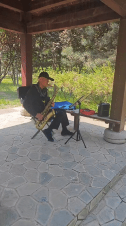 Early morning saxophone performance captured in Daxing District park