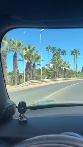 The video shows a first-person view from inside a car driving on a paved road. The car has a black dashboard with a phone mount and a steering wheel visible. Outside the car, on the right side of the road, are several tall palm trees and other greenery. The sky is clear and blue. The car appears to be driving in a warm climate. There are other cars on the road ahead. A yield sign is visible on the right side of the road.