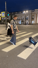 Man walks cat-shaped balloon on leash through Saint Petersburg