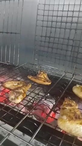 Chicken wings are grilled over burning coals on a metal grate.