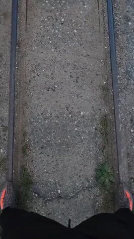 The media file shows a POV perspective of someone walking on a set of train tracks. The tracks are embedded in a gravel surface and appear to be old or disused. The scene transitions from a close-up of the tracks and the person's feet, showing them wearing grey sneakers with orange accents, to a wider view of the tracks leading into a grassy area with trees in the background. There are two small wooden platforms with railings on either side of the tracks in the distance, and a signpost with some white markers is visible to the left. The setting appears to be rural or natural, possibly a park or nature trail, with the train tracks serving as a path. The time of day appears to be late afternoon or early evening, given the soft light and shadows. The overall mood is peaceful and exploratory. No visible text is discernable in the media file, apart from what may be on the distant sign which is unreadable.