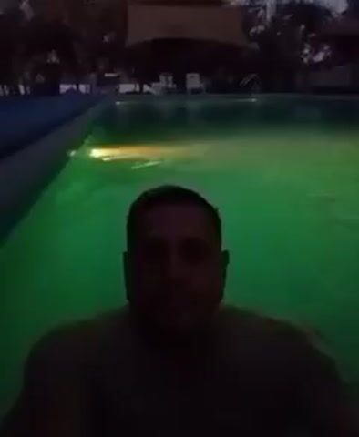 A man is filmed chest-up in a green-lit swimming pool at night. The water's surface is mostly still with slight ripples. The pool has a rectangular shape, with a visible edge in the background. Beyond the pool, the background shows palm trees and what appears to be a canopy or structure, perhaps a cabana, with faint glimpses of white objects, possibly chairs. The man looks directly into the camera. His face is relatively clear, and he seems to be treading water to stay afloat. The overall lighting is dim, with the green light from the pool dominating the scene.