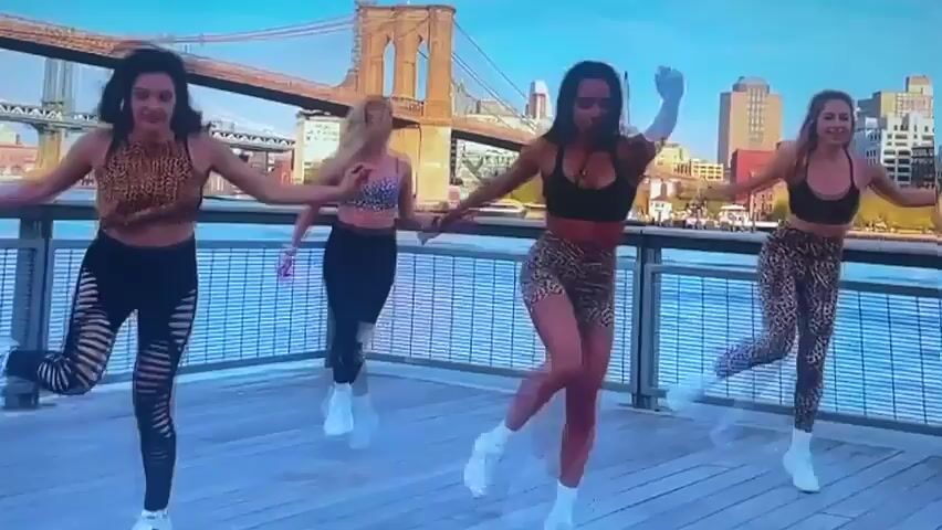 Four women are dancing in unison on a wooden platform. They are all wearing matching leopard print tops and bottoms. The woman on the far left is wearing black leggings with cutouts. The second woman from the left is wearing black leggings and has a knee brace on her right knee. The woman in the center is wearing leopard print shorts. The woman on the far right is wearing leopard print leggings. They are all wearing white sneakers. In the background, there is a body of water, a bridge, and buildings. The sky is blue and clear. The women are all facing the camera and performing synchronized dance moves.