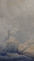 Landscape painting with dramatic clouds and butterfly documented