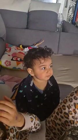 The video shows a baby sitting on a couch. The baby has curly dark hair and is wearing a dark blue shirt with a pattern of small white animals. The baby is surrounded by pillows and a blanket with a leopard print. In the background, there is a gray couch with several pillows, including a white and gray pillow and a pillow with a colorful design. There's also a water bottle on the couch. The baby looks around and then looks directly at something off-screen. The baby is held in someone's lap, and that person is wearing leopard print pants.