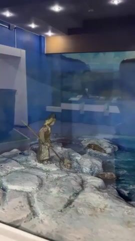 The video shows a diorama of a historical scene, possibly depicting indigenous people fishing in an icy environment. A central figure, a small statue of a person in traditional clothing, stands on rocky terrain near a body of water. The figure holds a long spear, and appears to be interacting with several other small animal statues in the water, which resemble seals or otters. The diorama is enclosed in a glass display case, through which a reflection of a person holding a phone or camera is visible. The background of the diorama features a painted landscape with mountains and water, as well as some architectural elements. The lighting in the display case is bright, with overhead spotlights. The overall impression is that of a museum exhibit.