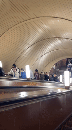 Morning scenes captured: subway escalators and child with parrot