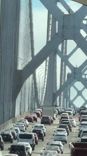 Bay Bridge gridlock, shot from the road at midnight