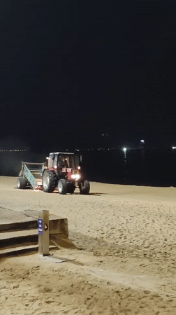 Nha Trang beachfront at night — promenade, market lights, beach cleaning