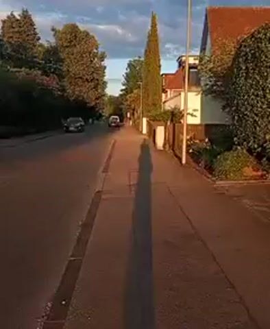 A shadow of a person is cast long across a paved sidewalk next to a street. On the street, two cars are driving away from the camera. The street is lined with trees and houses. The sky is partly cloudy and the sun is setting.
