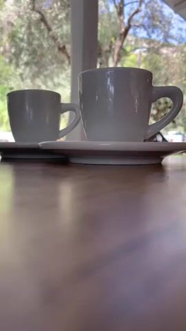 The video shows a close-up view of two white coffee cups on saucers, placed on a wooden table. In the background, through a window, trees and foliage are visible, suggesting an outdoor or nature-adjacent setting. The coffee in the cups appears dark and frothy. The camera slowly zooms in, focusing on the coffee and the texture of the liquid. The lighting suggests it is daytime. There are no people visible in the video.