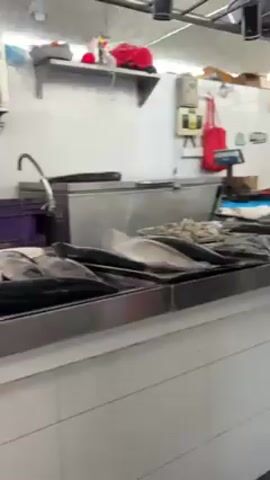 The video shows a man in a fish market preparing fish. He's wearing a white uniform, a white cap, and yellow gloves. He's using a large knife to cut a piece of fish on a stainless steel counter. The counter is filled with various types of fish, including tuna, shellfish, and fillets. Behind him, there is a sink, storage shelves, and a wall.  The camera pans to the right to reveal more fish products on the counter and then beyond the counter showing a scale and various items in the background that suggests the market is busy.