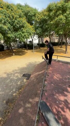 A person on a skateboard is in a park. The skateboarder is wearing a black t-shirt and black pants. The skateboarder is on top of a brick ledge. The skateboarder jumps off the ledge and lands on the ground. The skateboarder walks away from the ledge. The park has trees and yellow flowers on the ground. There is also a sidewalk and a fence.