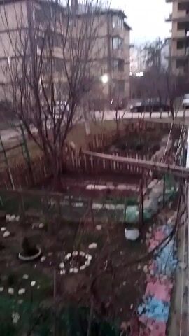 The video shows an outdoor space, possibly a yard or garden, in what appears to be an urban setting. The view is from a higher vantage point, like a balcony or window. In the foreground, there's a small garden area with a wooden fence, some plants, and decorative stones arranged in a circle. A bare tree stands prominently in the middle of the yard. In the background, there are residential buildings, one of which appears to be under construction, and parked cars are visible on the street. The sky is overcast, suggesting a cloudy day. The overall scene is somewhat bleak and seems to be taken during the late fall or winter season.
