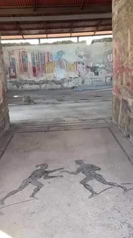 The media file displays a view through an ancient Roman doorway at the ruins of Pompeii, Italy. In the foreground, a mosaic on the floor depicts two figures in a wrestling or fighting pose. The figures are rendered in dark tesserae against a lighter background of small, white tesserae.

Beyond the mosaic, the scene opens into a large, open space that appears to be the interior of a building or courtyard. The walls of this space are adorned with faded frescoes, featuring architectural elements and figures in vibrant, yet worn, colors like red, blue, yellow, and green. The frescoes suggest a rich past for this location.

The ceiling of the structure is covered by a modern, corrugated metal roof, supported by visible beams, indicating that the ruins are preserved or undergoing restoration. The ground is a mix of concrete and dirt. The lighting suggests it is daytime, with sunlight casting shadows, though the overall atmosphere is somewhat subdued due to the indoor setting and the age of the ruins.

The overall impression is one of historical depth and preservation, offering a glimpse into ancient Roman life and art. The mosaic and frescoes are the primary subjects, suggesting a scene of athletic activity or perhaps a mythological representation. The setting is clearly an archaeological site, with the modern roofing serving as a protective measure. There is no visible text in the media file.