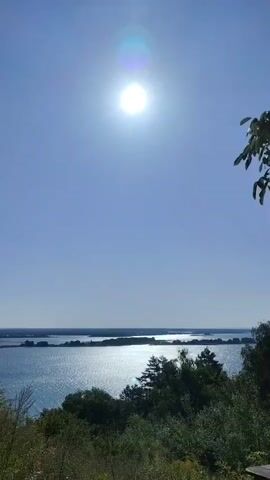 A vertical, handheld video captures a sun-drenched natural landscape. The sky is a clear, vibrant blue with the sun positioned high and slightly off-center, emitting a bright glow and lens flare. Below the sky, a wide body of water, likely a lake or river, stretches horizontally across the frame. The water is a deep blue and reflects the sunlight, creating a shimmering effect. Along the distant horizon, a thin strip of land with scattered trees is visible. The foreground is filled with lush green vegetation, including trees and tall grasses, suggesting a slightly elevated viewpoint looking down towards the water. The overall impression is one of a peaceful, sunny day in a natural setting. No people or animals are visible, and no specific actions are depicted beyond the gentle movement of foliage in the breeze, which is suggested by subtle shifts in the leaves and grass.
