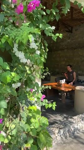 The camera pans left to reveal a man sitting cross-legged at a low wooden table in a partially enclosed outdoor space, possibly a restaurant or lounge area. The space has stone walls, a thatched roof with exposed beams, and decorative hanging lights. The man is wearing a sleeveless shirt and appears to be drinking from a glass, possibly wine or juice. Cushions and pillows are arranged on built-in seating along the walls. The area is accessible by a pathway paved with small stones and is surrounded by lush greenery, including flowering plants like bougainvillea and bamboo. The overall atmosphere is tranquil and inviting.