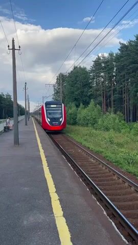 A red and gray passenger train approaches and passes a train platform. A person sits on a bench on the platform, and another person stands behind them. The platform is paved and has a yellow line along the edge. Trees and a blue sky with clouds are visible in the background. Overhead power lines for the train are also visible. The train has multiple cars and its front is red with black accents and headlights.
