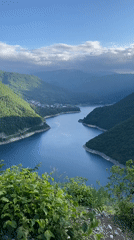 Panoramic footage captures Piva Lake's scenic mountain landscape in Montenegro