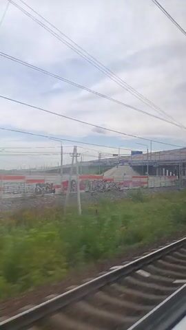 The video shows a view from a moving train. The train tracks are visible in the foreground, with the landscape passing by. An elevated structure, possibly a bridge or overpass, is visible on the right side of the frame, supported by concrete pillars. Graffiti can be seen on a wall beneath the overpass. Overhead power lines are also present. The sky is overcast. The overall scene appears to be an urban or semi-urban environment.