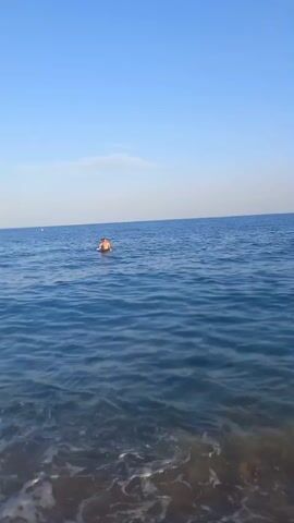 The video shows a wide shot of the ocean. The water is blue and appears calm with small waves. The sky is clear and blue. In the distance, a person is swimming in the ocean. The person is partially submerged in the water and appears to be alone. The camera is positioned low to the ground, near the water's edge, looking out towards the ocean. The waves are gently lapping at the shore. The overall scene is peaceful and serene.