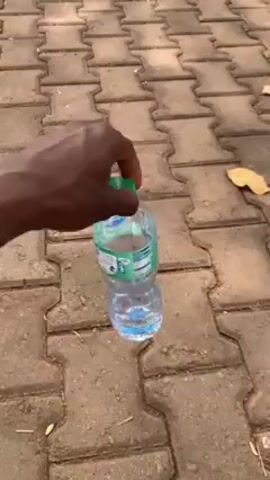 The video shows a dark-skinned hand holding a small, clear plastic water bottle with a green cap. The bottle appears to be partially full. The hand shakes the bottle briefly and then drops it onto a paved surface of interlocking brick-like stones. A dried leaf sits near the corner of the paved area.