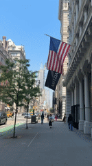NYC street scene captures Empire State Building view with flags