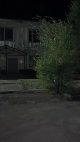 A two-story building with metal siding is visible at night. A small covered entrance with a door is located in the center of the building. Windows are visible on both floors. A tree with green leaves is positioned to the right of the building. The ground in front of the building is paved, and a grassy area with some flowers is also present. A bright light shines from the left side of the building.