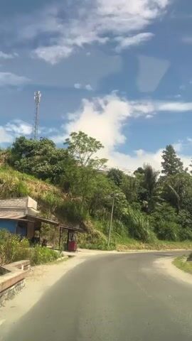 The video captures a view from a vehicle driving on a winding asphalt road. The road curves to the right, with a grassy embankment on the left, covered in lush green vegetation and trees. A small, open-sided structure with a corrugated metal roof is visible on the left side of the road, near a red cylindrical object that appears to be a small gas pump or dispenser. A tall cell tower stands on the hilltop behind the vegetation. Telephone poles and wires run along the side of the road and over the trees. The sky is blue with scattered white clouds. The road surface appears somewhat worn and patchy. The video is shot from a low angle, suggesting it is taken from inside a car, possibly through the windshield which has some reflections. There are no people clearly visible in the foreground, though a distant, small, dark shape that might be a motorcycle or scooter is seen on the road further ahead. The overall impression is of a rural or semi-rural road passing through a verdant, hilly landscape on a sunny day.