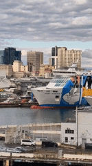 Ferry vessels dock at Genoa harbor amid city landmarks
