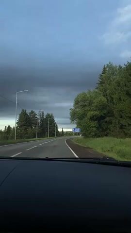 A video is shot from inside a car, looking out onto a road. The road is paved and has painted lines. There are street lights along the side of the road. Trees line both sides of the road. A blue road sign with white lettering is visible, indicating directions to Izhevsk and Sarapul. In the distance, a white van approaches. The sky is cloudy and overcast.