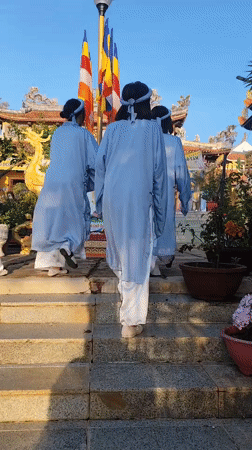 Buddhist temple ceremony preparations observed in Đà Lạt Vietnam