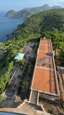Hòa Xuân coastline seen from above, hills meet the sea