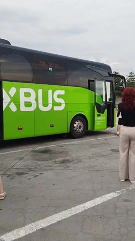 A bright green and black FlixBus is parked on a paved lot. The side door of the bus is open, and a person wearing a pink and white checkered dress and sandals stands facing the bus. Their back is to the camera, and they appear to be looking at something inside the bus. Another person, mostly out of frame on the right, is also standing near the bus. The sky is overcast.