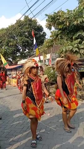 This is a video of a parade or cultural procession. Several individuals in ornate, traditional costumes are walking down a paved street. The costumes appear to be inspired by traditional Indonesian attire, featuring elaborate headdresses with feathers, brightly colored fabrics, and decorative embellishments. Some individuals are wearing masks. The procession is taking place outdoors during the daytime, with trees and buildings visible in the background. There are also flags and banners displayed along the route. The people in the foreground are adorned with red, gold, and black fabrics, and some are carrying props. The overall atmosphere suggests a festive or ceremonial event.