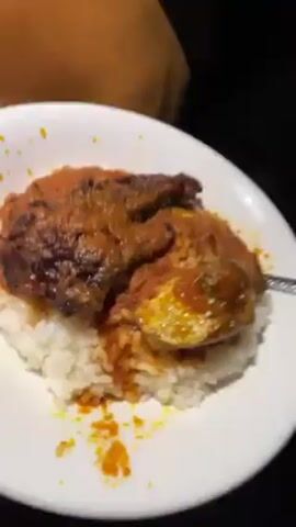 The video presents a close-up shot of a plate of food held by someone wearing a tan-colored shirt. The plate is white and contains a serving of white rice topped with a reddish-orange sauce and a piece of what appears to be grilled or fried meat. There is also a sliced hard-boiled egg on the plate, covered in the same sauce. A silver spoon is positioned on the right side of the plate. The background is dark.