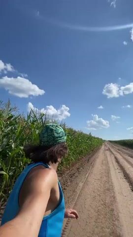 A person wearing a blue tank top, a green bandana, sunglasses, and long hair is seen from the chest up, running on a dirt road next to a cornfield. The person is looking off to the side and appears to be smiling. The sky is blue with white clouds, and the sun is shining. The corn stalks are tall and green. The dirt road has tire tracks on it. In the distance, there are trees and more cornfields. The camera is moving forward, as if attached to the runner. The runner is running on the right side of the road, which is a dirt path. The cornfield is on the left side of the road. The corn stalks are very tall and dense. The sky is a bright blue with fluffy white clouds scattered across it. The sun is high in the sky, casting shadows on the ground. The runner is looking ahead and to the left, as if watching something in the cornfield. The runner's face is partially obscured by sunglasses. The runner has a mustache and a serious expression. The runner's arm is visible, holding the camera. The runner is wearing a blue tank top. The runner's legs are visible, wearing light-colored pants. The runner is moving at a running pace. There are tire tracks on the dirt road. In the distance, the road continues into the cornfield and then past it. There are some small plants growing on the side of the road. The overall scene is one of an outdoor activity in a rural setting.
