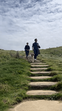 Two hikers with dog climb wooden stairs in Étretat