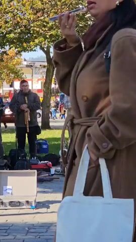 The scene shows a group of three musicians performing outdoors on a paved plaza, seemingly in a city. One musician plays a pan flute, another a flute, and the third a stringed instrument resembling a small guitar. A saxophone is visible among their equipment. The musicians are set up near trees and a street with people walking by, some of whom are observed listening or passing by. There is a speaker, a donation box and various pieces of equipment, including a microphone stand. The camera pans slightly and people pass in front of the camera, and the musicians continue to play.
