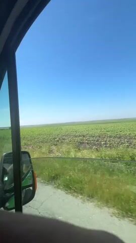 The video shows a view from inside a moving vehicle, likely a van, looking out the side window. A side mirror is visible. The landscape outside consists of a large agricultural field under a clear blue sky. The field appears to be recently planted, with rows of young green plants visible against the dark soil. There is green vegetation growing alongside the road. The camera is in motion, indicating that the vehicle is travelling.