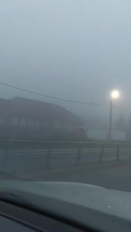 The video shows a foggy road from the perspective of a moving vehicle. Streetlights are visible, some illuminated. There is a building on the left and trees in the distance, all obscured by fog. Traffic signs and a guardrail are also visible along the road. The fog creates a low visibility environment.
