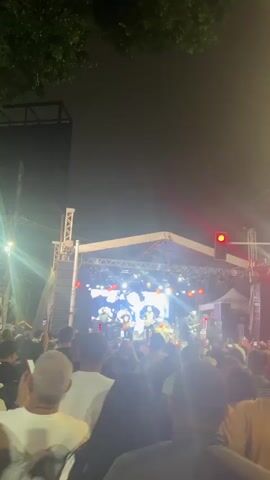 This is a vertical video taken at night, showing a live music performance. A band is playing on a stage with bright lights and a large screen behind them. A crowd of people is gathered in front of the stage, watching the performance. The camera is positioned behind the crowd, looking towards the stage. Some people in the crowd are holding up their phones to record the event. Trees are visible in the upper part of the frame. The overall atmosphere appears to be energetic and festive.