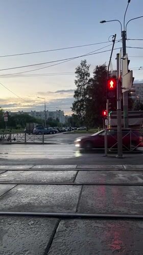 Dusk settles over a street in Ladozhskoe Ozero, Russia