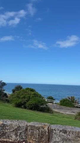 A vertical video captures a scenic coastal view. The foreground features a stone wall, beyond which lies a lush green lawn. A white railing demarcates the edge of the lawn, leading to a path and more greenery. The middle ground is dominated by the expansive blue ocean, stretching to the horizon under a clear blue sky dotted with a few wispy white clouds. A small island is visible in the distance. The camera pans slightly to the right, revealing more of the coastline with some buildings on the far right. The overall environment is peaceful and natural, suggesting a sunny day at a seaside location. There are no people or animals visible in the video.