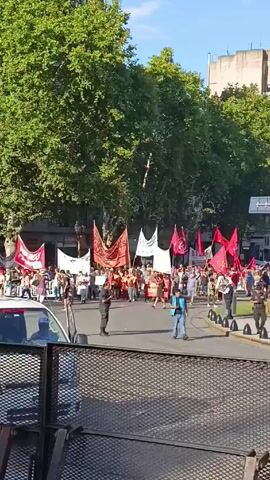 The video shows a demonstration taking place on a city street, with numerous individuals participating. The crowd is diverse in appearance, marching across an intersection, and carrying flags and banners. The flags and banners are a mix of colors, predominantly red and white, with slogans and symbols visible. The demonstrators are walking on the street, which is blocked off, with a white car partially visible on the left side of the frame. The street is lined with trees and buildings, with the sky visible in the background. The camera is placed behind a metal fence, offering a slightly elevated view of the demonstration. The atmosphere seems active with the participants' movement and the visual elements of the demonstration.