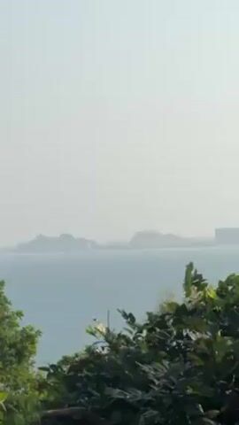 The video shows a view of a city skyline across a body of water, seen through green foliage. The city buildings are silhouetted in the distance due to haze or fog. A ship is visible on the water. The scene is bright and appears to be daytime.