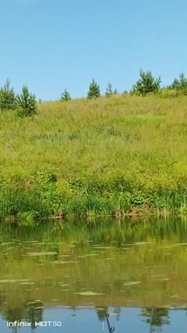 A fishing rod is visible in the foreground of the video, its tip extending into the water. The water is calm and reflects the green vegetation and blue sky. A grassy bank with some small trees lines the opposite side of the water. The video appears to be shot from a boat or the edge of the water.