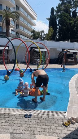 Splash pad in full swing on a summer morning in Sochi